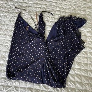 Fame & Partners blue polka dot asymmetrical maxi dress